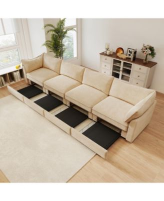  Chenille 4-Seater Sofa w/ Underseat Drawers & Crescent Arms - Wheat