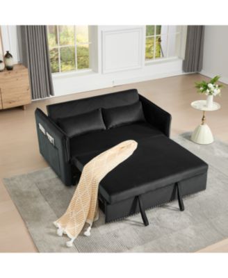 55" Velvet Futon Sofa Bed with Pillows & Side Pockets