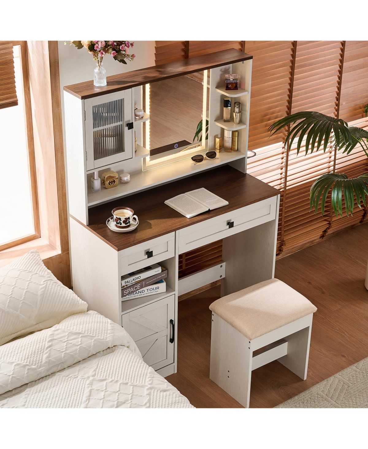 Streamdale Furniture Farmhouse Vanity Desk with Mirror, Lights, Charging Station, Stool