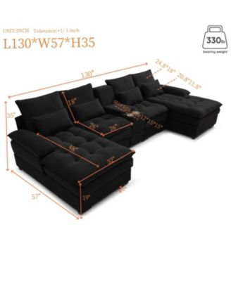 130" U-Shaped Sofa with Console, Cupholders, Sleeper & Chaise (Black)