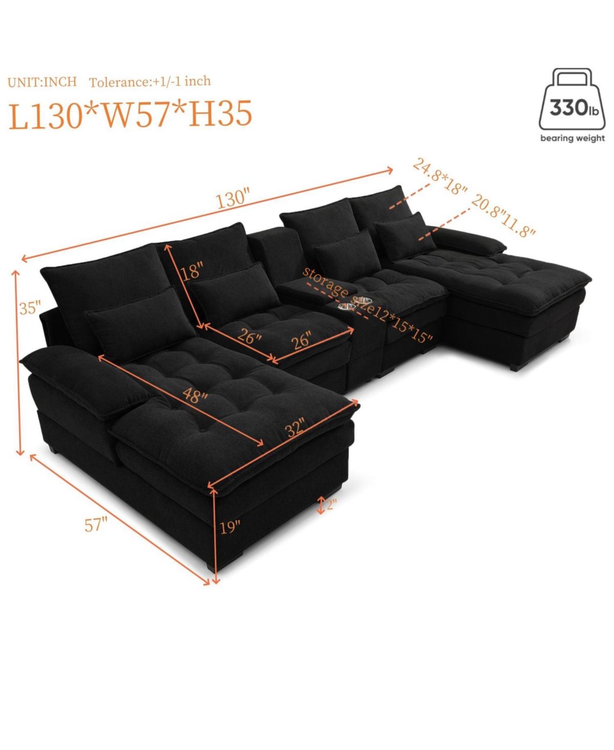 Streamdale Furniture 130" U-Shaped Sofa with Console, Cupholders, Sleeper & Chaise (Black)