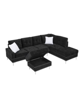 Sectional Sofa with Reversible Chaise, Storage Ottoman, Metal Legs, Pillows, Black