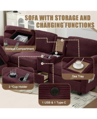 L-Shape Corduroy Sofa- 4-Seater, USB, Storage, Console & Ottoman