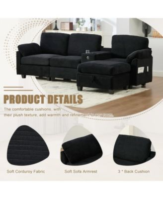 L-Shape Corduroy Sofa- 4-Seater, USB, Storage, Console & Ottoman