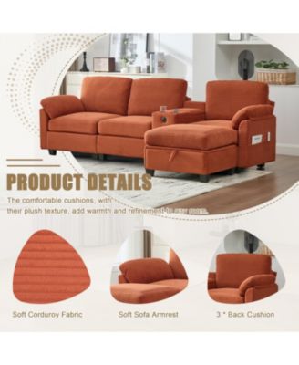 L-Shape Corduroy Sofa- 4-Seater, USB, Storage, Console & Ottoman