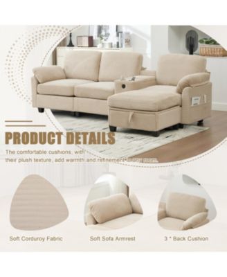  L-Shape Corduroy Sofa- 4-Seater, USB, Storage, Console & Ottoman