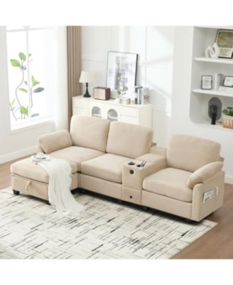  L-Shape Corduroy Sofa- 4-Seater, USB, Storage, Console & Ottoman