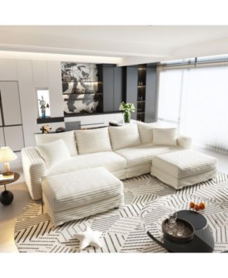 Streamdale Plush Corduroy 4-Seat Sofa with Ottomans - Beige