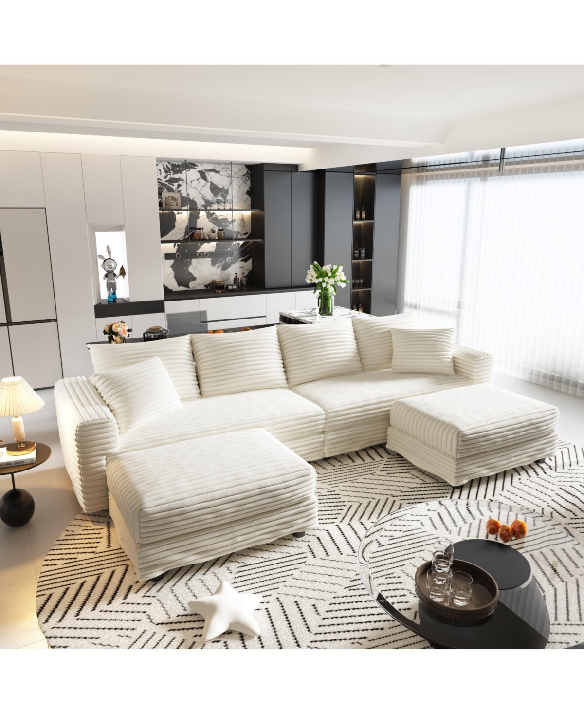 Streamdale Plush Corduroy 4-Seat Sofa with Ottomans - Beige