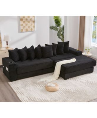 Corduroy L-Shaped Sectional Sofa Bed with Ottoman, Pillows & Cup Holders - Black