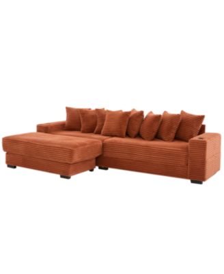 Corduroy L-Shaped Sectional Sofa Bed w/ Footstool, Pillows & Cup Holders