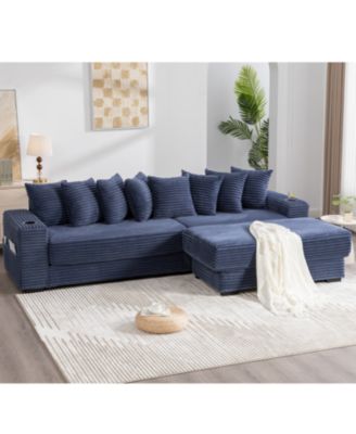  Corduroy L-Shaped Sectional Sofa with Ottoman, Pillows, & Cup Holders - Blue