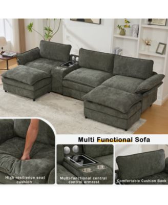 U-Shaped Sectional Sofa- Storage, Wireless Charging, Bluetooth, Green