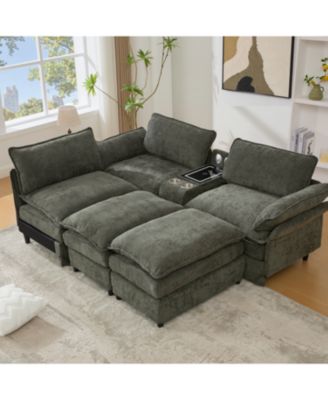 U-Shaped Sectional Sofa- Storage, Wireless Charging, Bluetooth, Green