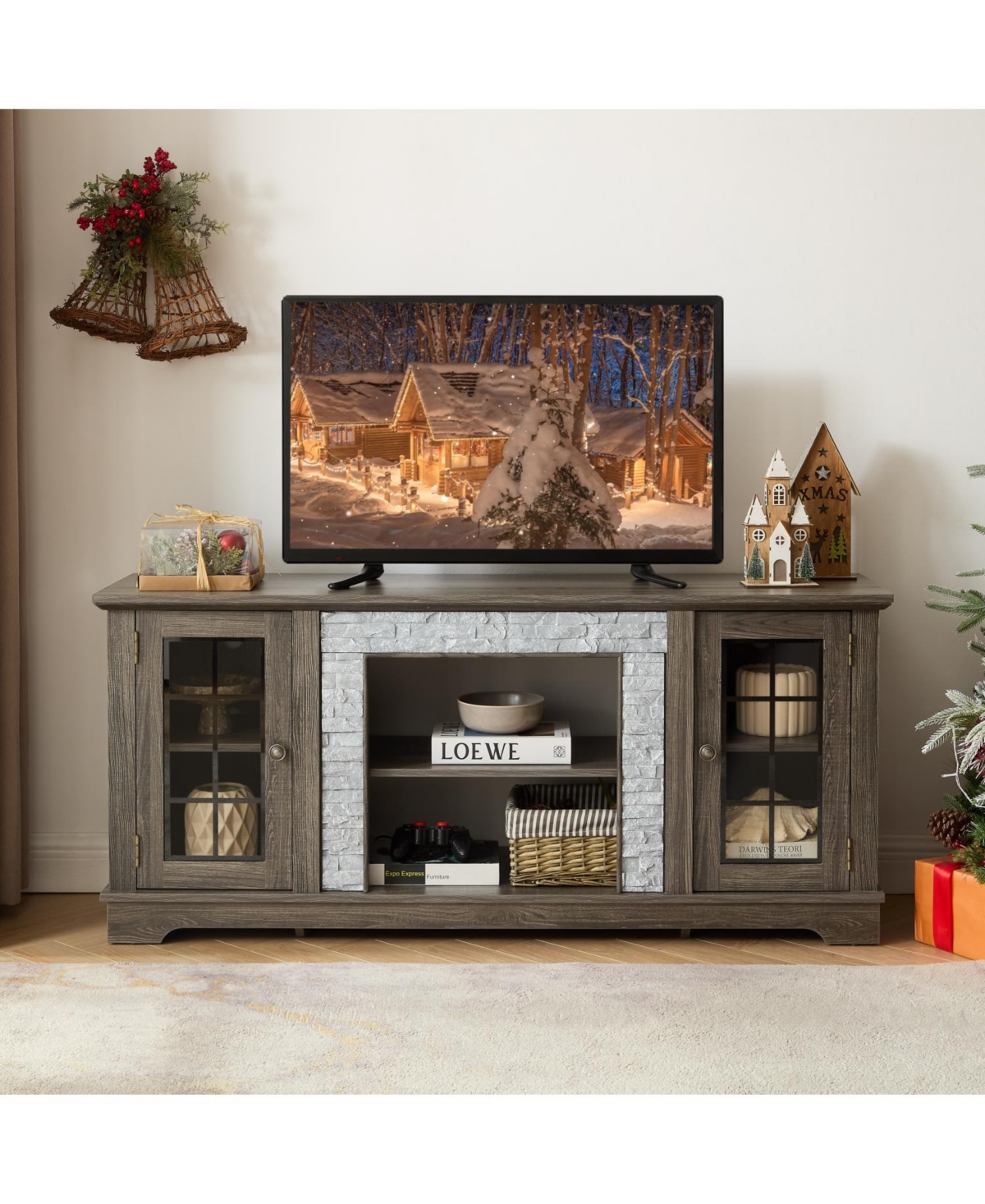 Streamdale Furniture 58" Modern Grey Tv Stand with 2-Door Storage