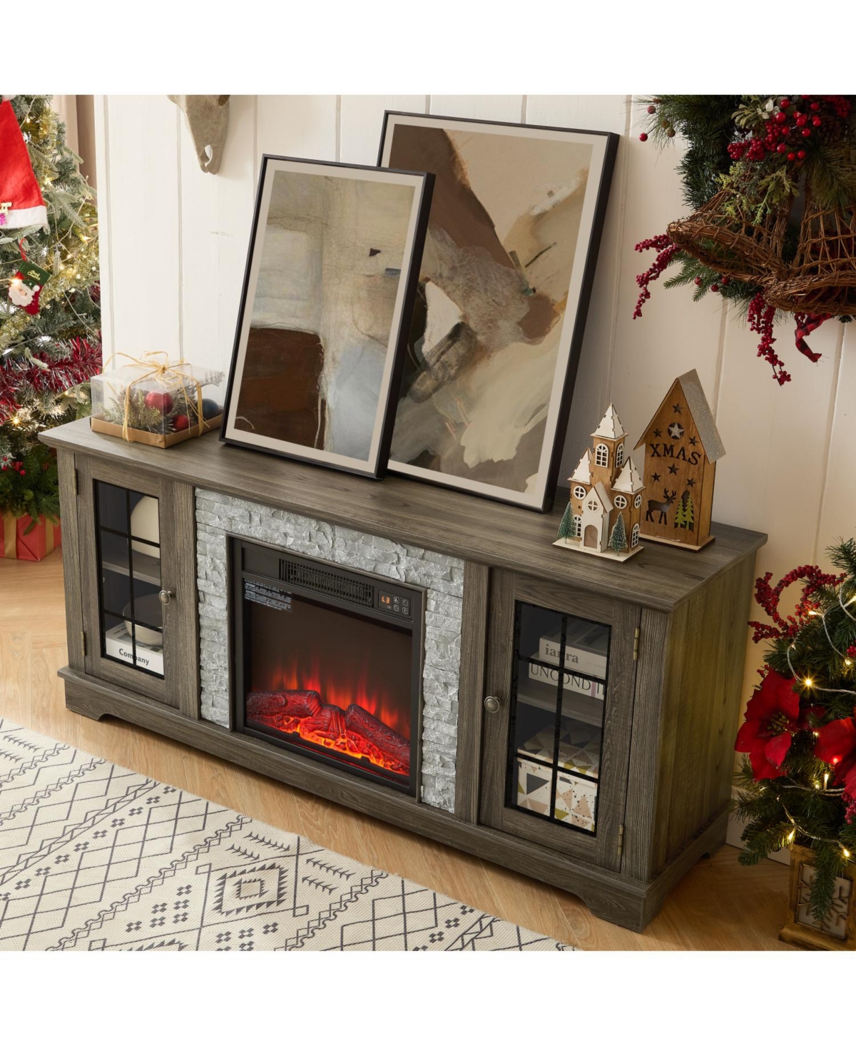 Streamdale Furniture 58" Tv Stand with Fireplace, 2-Door Storage, Grey Media Console