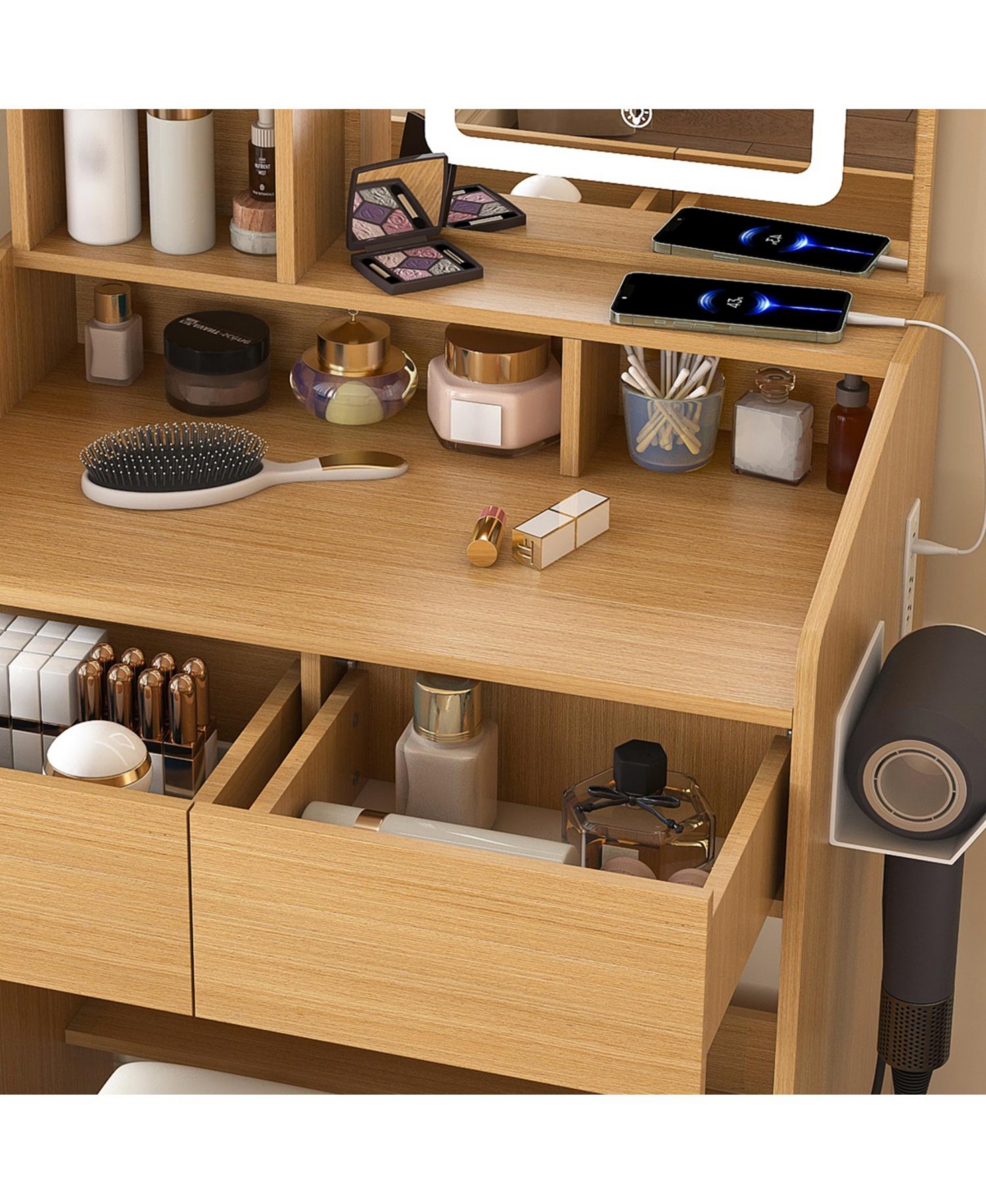 Streamdale Vanity Table with Led Mirror, Power, Hairdryer Holder & Stool - Compact Desk (Wood)