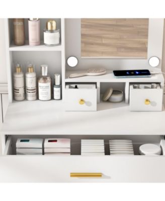 Vanity Table with LED Lights, Power, Hairdryer Holder & Stool - White