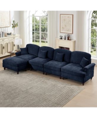Blue Chenille Modular Sectional Sofa with Ottoman