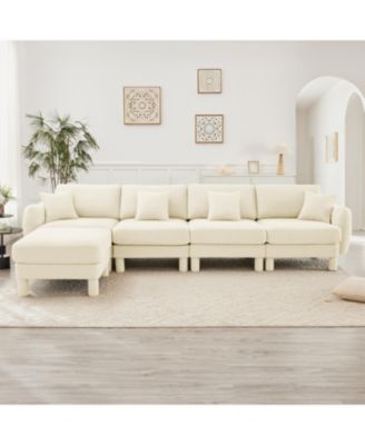 Beige Boucle Convertible Sectional Sofa with Ottoman