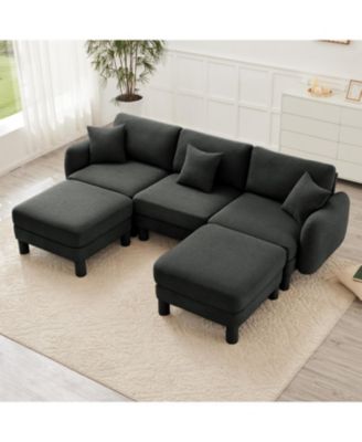  Boucle U-Shape Sectional Sofa with Ottomans & Shell Armrests, Dark Grey