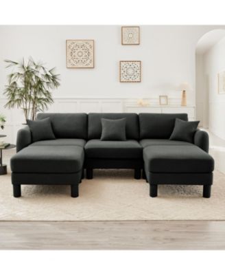  Boucle U-Shape Sectional Sofa with Ottomans & Shell Armrests, Dark Grey