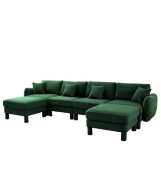 Boucle U-Shape Sectional Sofa with Ottomans, Shell Armrests, Green