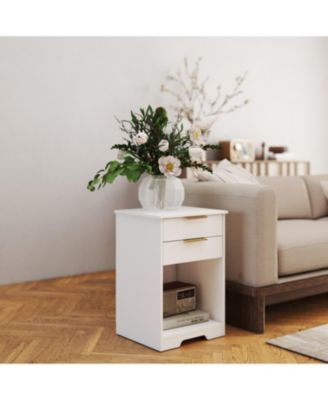 White Nightstand with 2 Drawers & Golden Handle