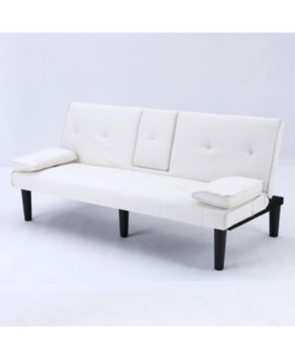 67" White PVC Sofa Bed - Foldable with Cup Holder