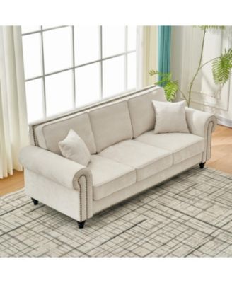 86" Modern 3-Seater Chenille Sofa with Rolled Arms & Nailhead Trim - Beige