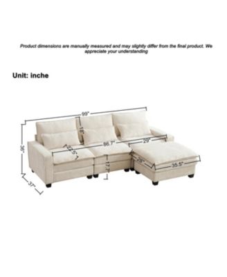 99" Cloud Sectional Sofa, Chenille L-Shape Couch with Ottoman, Beige