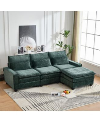 99" Cloud Sectional Sofa, Chenille L-Shape Couch with Ottoman, Green
