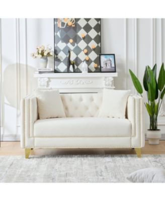 58" Chesterfield Velvet Sofa, 2 Seater, Button Nailhead, Beige