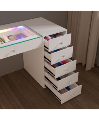 51.2" RGB LED Vanity Desk, Modern Glass Top Makeup Table with 11 Drawers