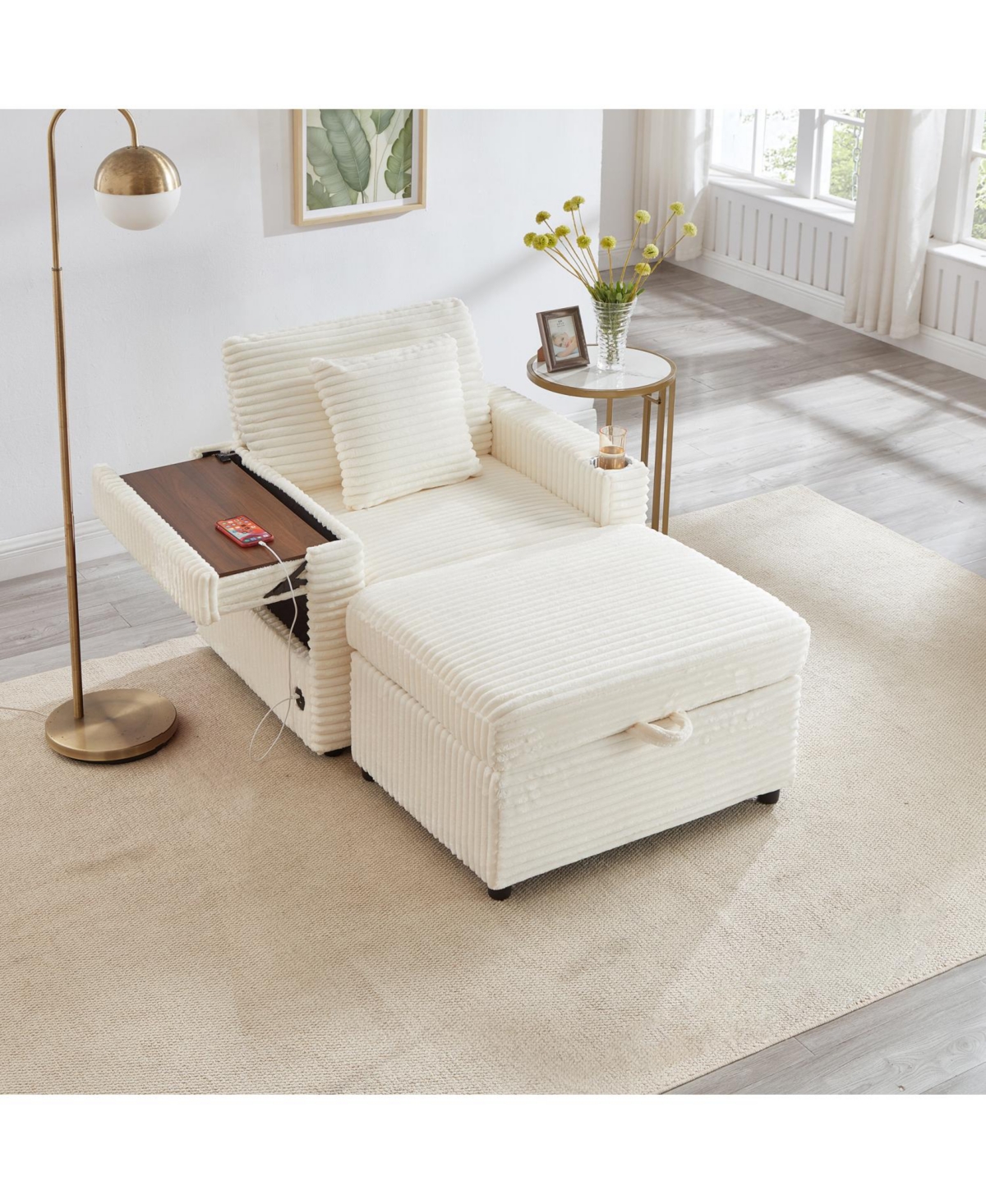 Streamdale Furniture Fluffy Corduroy Lazy Sofa w/ Ottoman, Table & Storage