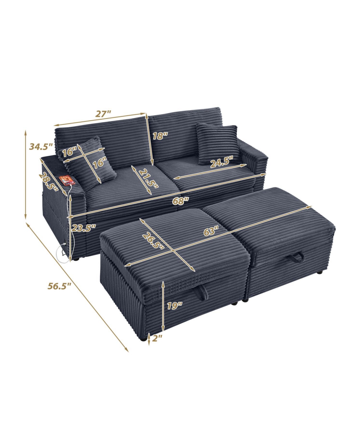 Streamdale Furniture Corduroy Loveseat Sofa with Ottomans & Table