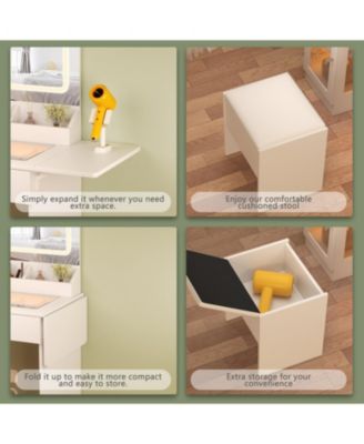 Vanity Desk with Lighted Mirror, USB Power, Drawers & Cabinet (White)