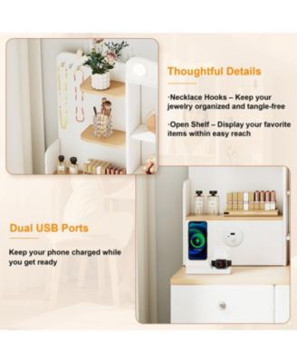 Vanity Desk with Lighted Mirror, USB Power, Drawers & Cabinets (White)