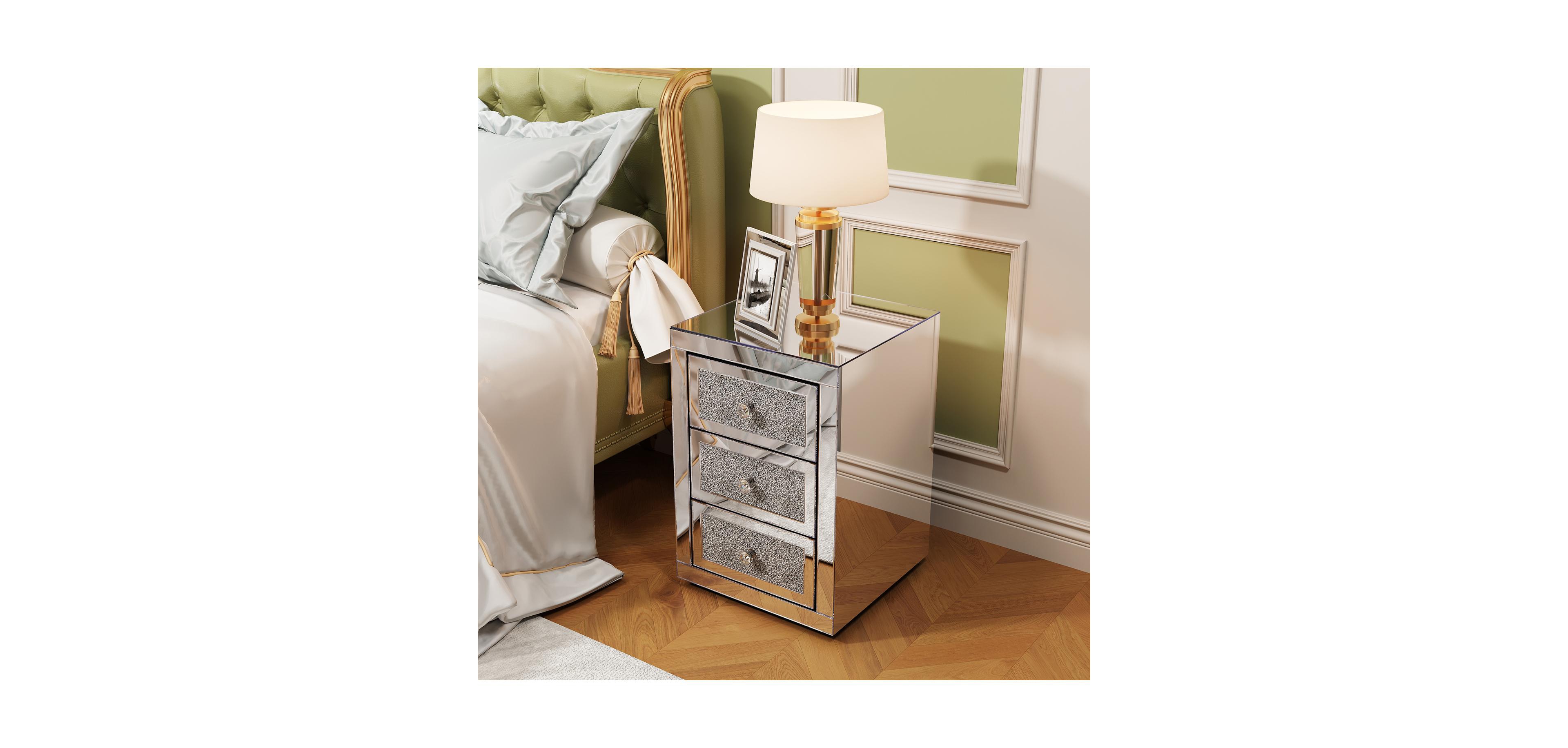 Streamdale Furniture 3-Drawer Mirrored Nightstand Bedside Table Glass Accent End Table