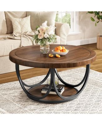 Round Coffee Table with 2 Tiers, 33.5" Wooden Circle Accent Cocktail Table, Industrial Center Tables