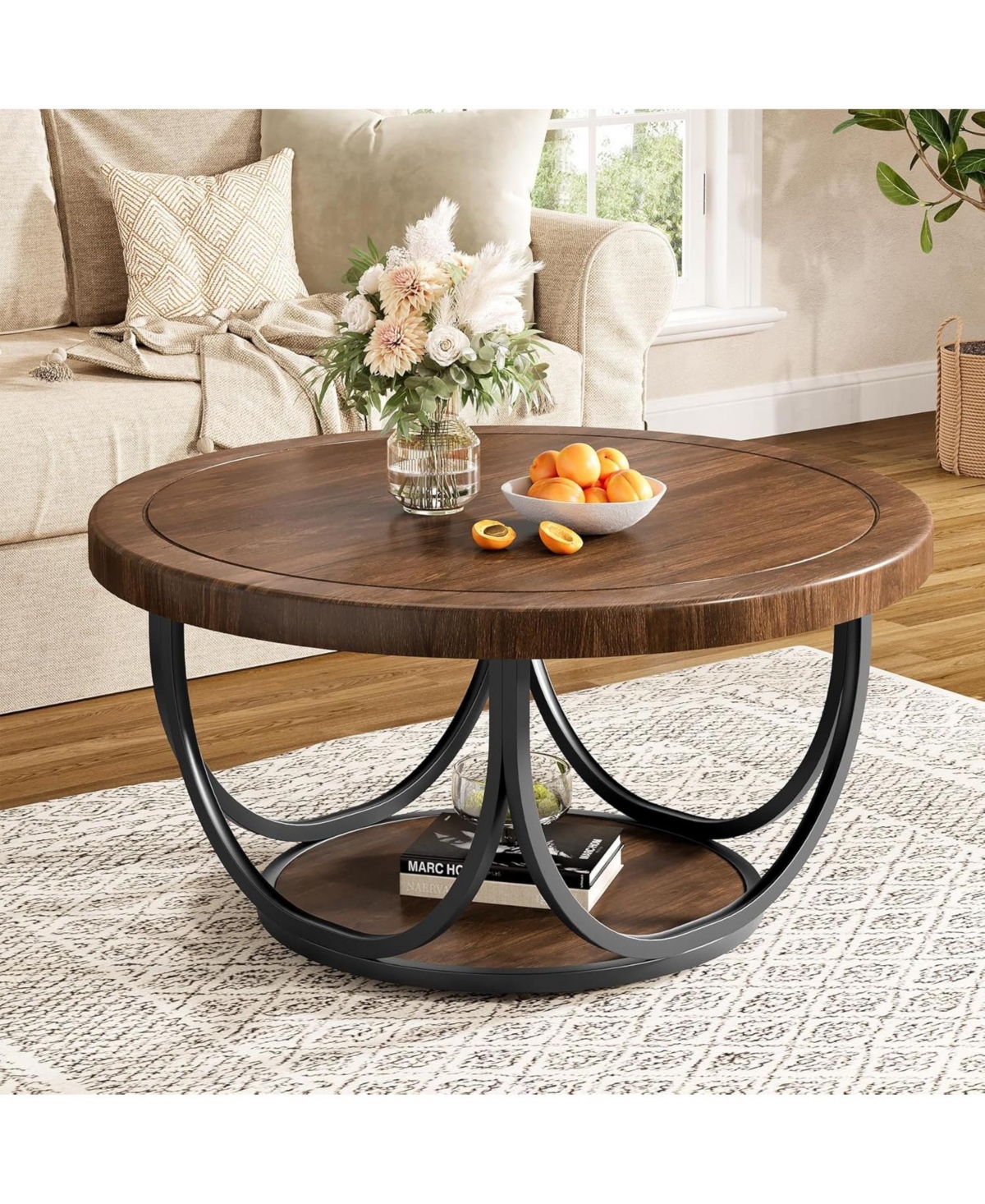 Tribesigns Round Coffee Table with 2 Tiers, 33.5" Wooden Circle Accent Cocktail Table, Industrial Center Tables