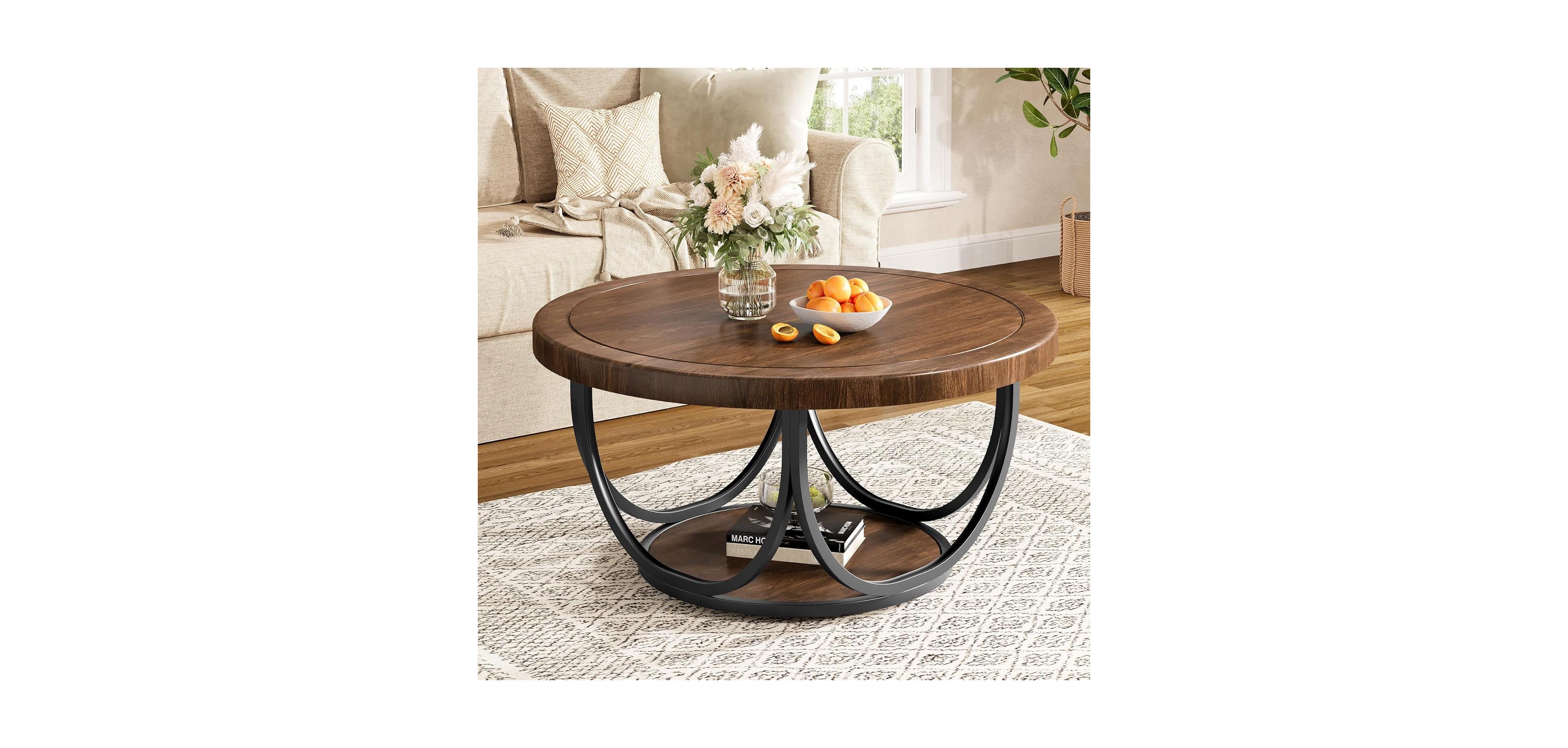 Tribesigns Round Coffee Table with 2 Tiers, 33.5" Wooden Circle Accent Cocktail Table, Industrial Center Tables