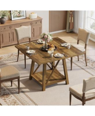 Square Dining Table for 4, Farmhouse Kitchen Table with Shelf Storage, Dinner Furniture