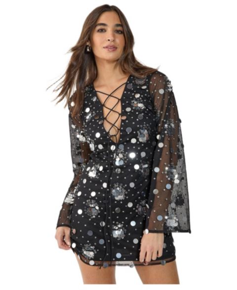 Женское платье Nasty Gal Lace Up Fluted Sleeve Mini, цвет: Чёрный