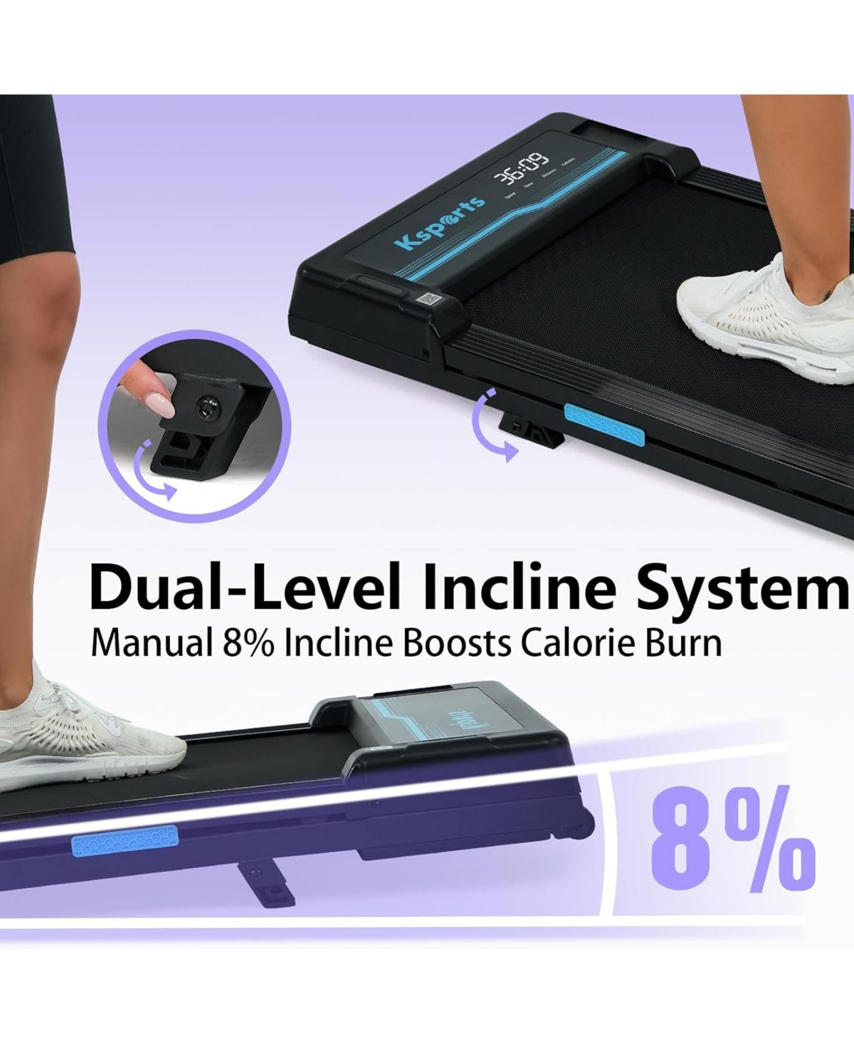 Ksports Under Desk Walking Pad Treadmill with Manual Incline and Wheels, 2.5 Hp