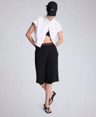 Women's Button Front Collared Cropped Shirt