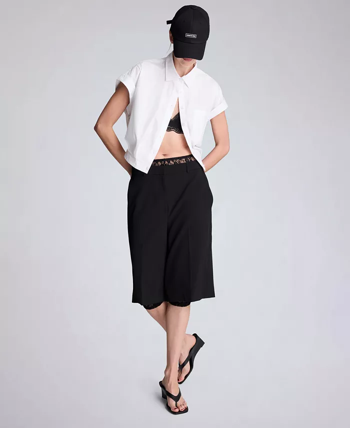 Women's Short-Sleeve Button-Front Collared Cropped Shirt - thumbnail 2