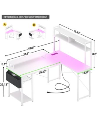 49'' Small L Shaped Desk with Hutch, Reversible Computer Gaming Desk with Outlet and LED Strip