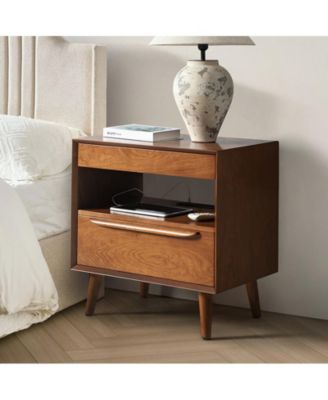 Jeraldo Mid-Century Modern 2-Drawer End Table with Built-In Outlets and Wooden Handle