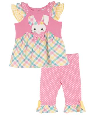 Baby Girls' Bunny Mixed Check Applique Knit Round Neck Top and Polka Dot Leggings, 2-Piece Set